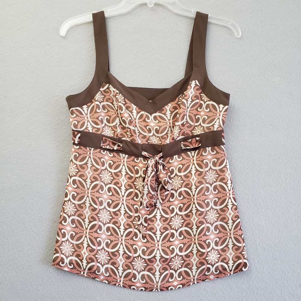 Ann Taylor LOFT Brown Pink Geometric Floral Scroll Empire‎ Waist Bow Tank Top 4